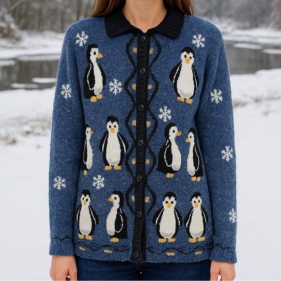 Vintage Wool Hand Embroidered Sweater Winter Scene Penguins Snowflake XL Holiday - Picture 1 of 11